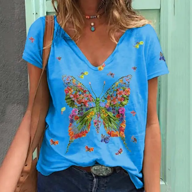 Women's Loose V Neck Short Sleeved Butterfly Print Top Women Blue - Shop at LoveMi