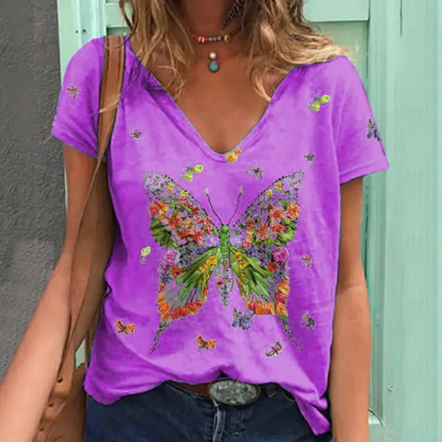 Women's Loose V Neck Short Sleeved Butterfly Print Top Women Purple - Shop at LoveMi