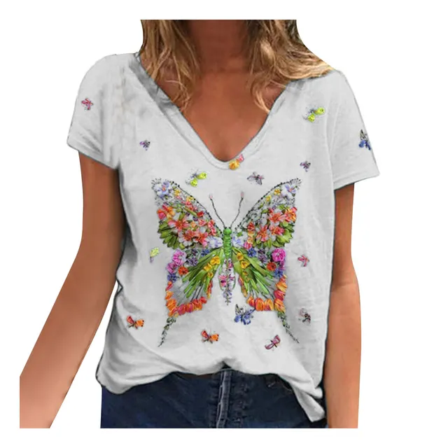 Women's Loose V Neck Short Sleeved Butterfly Print Top Women White - Shop at LoveMi