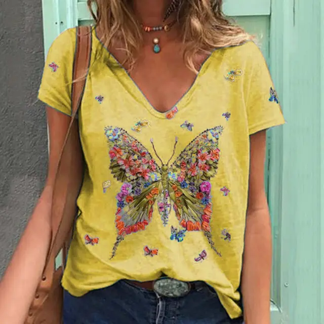 Women's Loose V Neck Short Sleeved Butterfly Print Top Women Yellow - Shop at LoveMi
