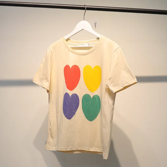 Retro Love Print Round Neck Short Sleeve Beige - Shop at LoveMi