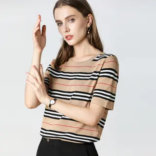 Striped Simple Round Neck Short-sleeved Sweater - Khaki