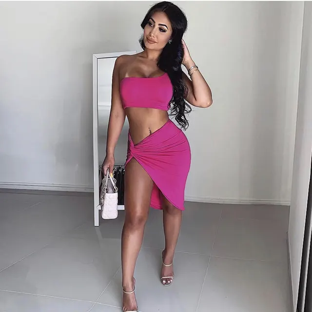 High Slit Irregular Pleated Skirt Tube Top One Shoulder Pink - Shop at LoveMi