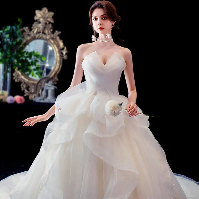 French Temperament Big Trailing Starry Sky Forest Dream Dress Champagne - Shop at LoveMi