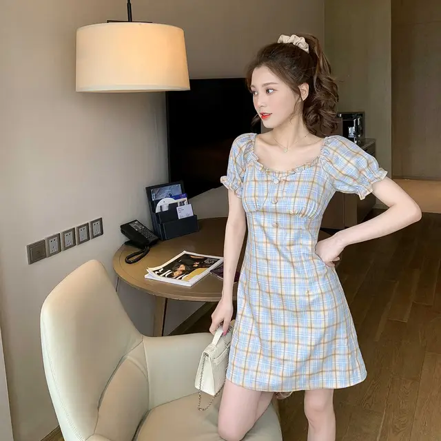Summer New FrenchRetro Skirt Temperament Square Collar Mid length Skirt Waist Short Sleeved Plaid Dress Female Blue - Shop at LoveMi