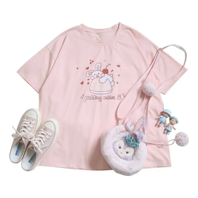 Pink Short Sleeve Printing T shirt Cartoon Print Girls T shirt Women Pink - Shop at LoveMi
