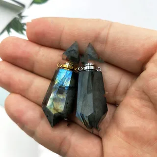 Accessories Natural Labradorite Two Pointed Geometric Perfume Aromatherapy Essential Oil Bottle Pendant Necklace - Silver