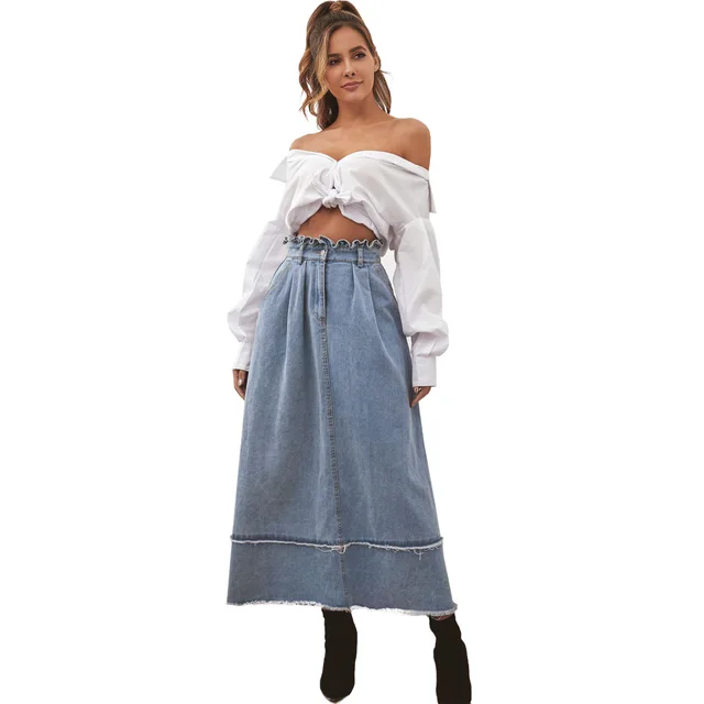 Commuter High Waist Washed Skirt Long A line Skirt Women Blue - Shop at LoveMi