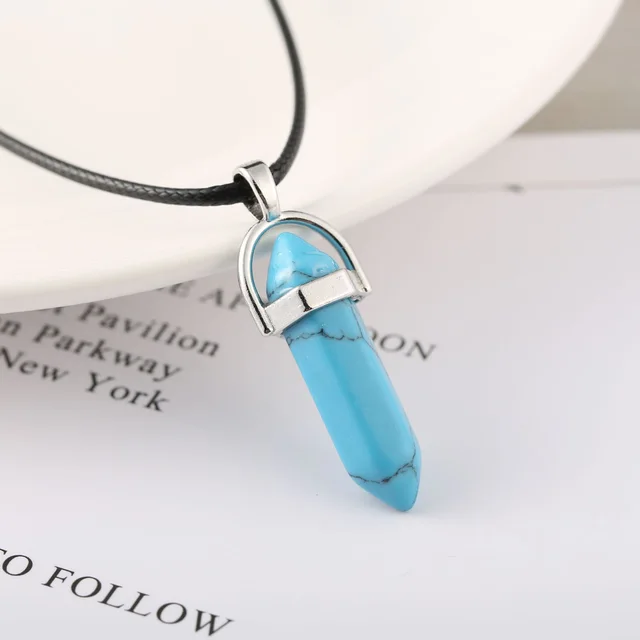 Natural Stone Bullet Hexagon Pillar Necklace Style 4 Blue Pine - Shop at LoveMi