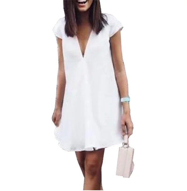 Women Summer Casual T shirt Dress V Neck Party Dresses White - Shop at LoveMi