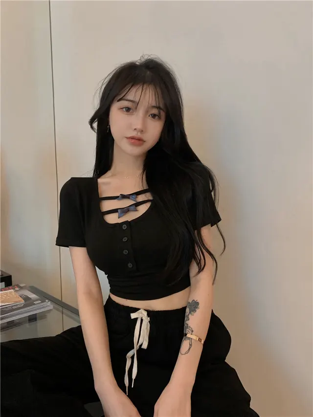 Tight fitting Bow Short Sleeves Blue - Shop at LoveMi