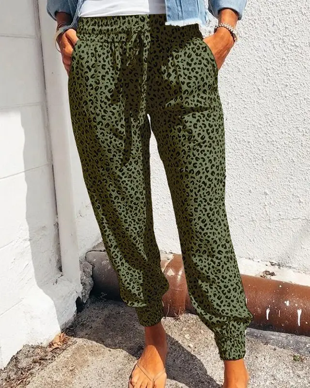 European And American High Waist Leopard Print Drawstring Elastic Waist Green - Shop at LoveMi