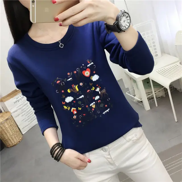 Round Neck Loose Net Red Long sleeved T shirt Women's Top Autumn And Winter Blue - Shop at LoveMi