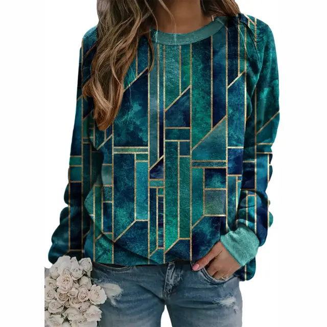 Geometric Pattern Round Neck Long Sleeve Loose Ladies Sweatshirt Green - Shop at LoveMi