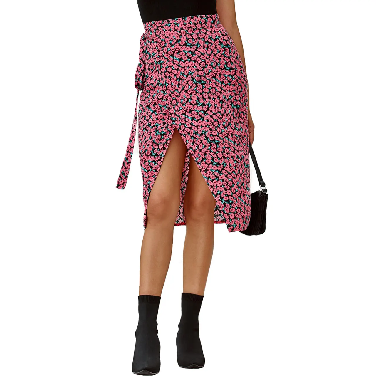 Ladies Fashion Printed High Waist Irregular Skirt - Red