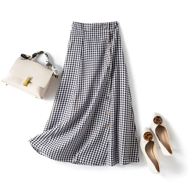 Plaid Skirt Women's High Waist Buttoned Mid Length Skirt Black - Shop at LoveMi