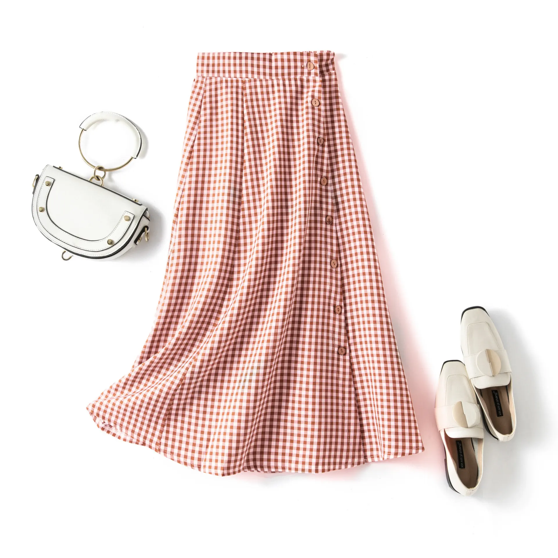 Plaid Skirt Women's High Waist Buttoned Mid Length Skirt - Pink