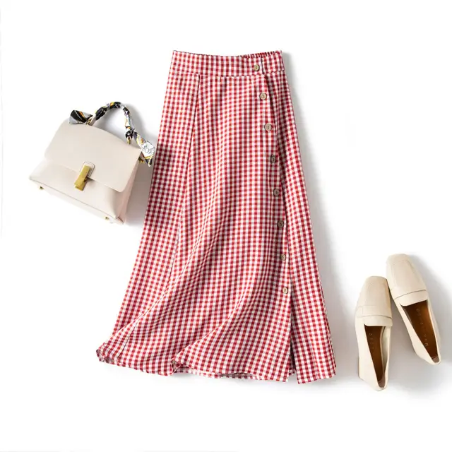 Plaid Skirt Women's High Waist Buttoned Mid Length Skirt Red - Shop at LoveMi