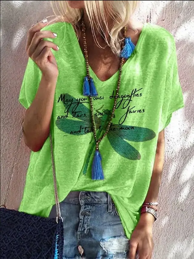 Summer Women's Fashion V neck Short sleeved Loose Printed Blouse Ccasual Plus Size T shirt Women Green - Shop at LoveMi