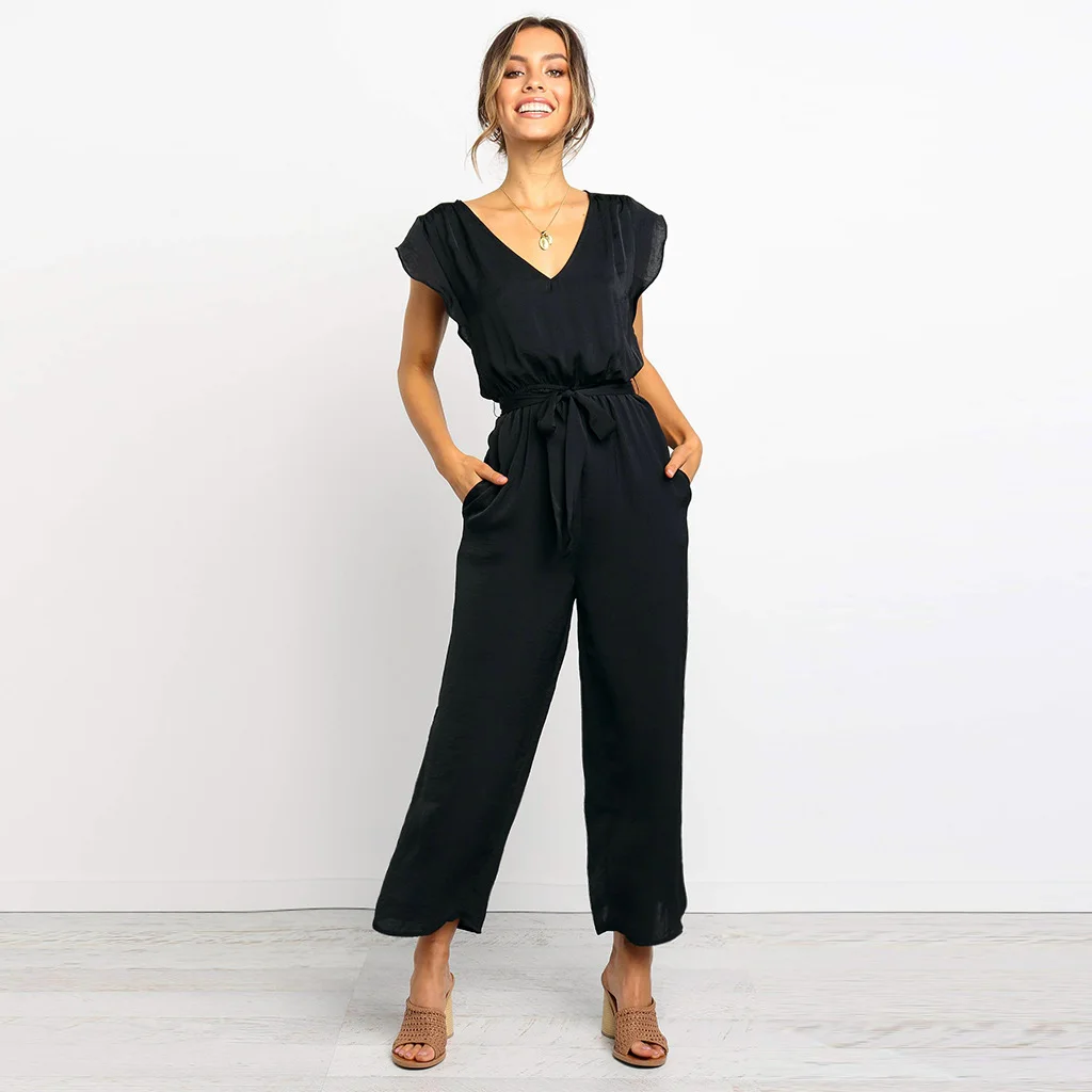 All-match Lace-up V-neck Short-sleeved Women's Jumpsuit - Black