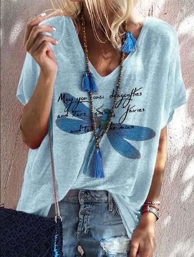 Summer Women'S Fashion V Neck Short Sleeve T Shirt Loose Dragonfly Print Top Casual Large T Shirt For Women Blue - Shop at LoveMi