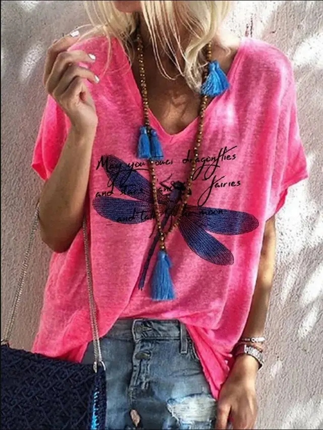 Summer Women'S Fashion V Neck Short Sleeve T Shirt Loose Dragonfly Print Top Casual Large T Shirt For Women Red - Shop at LoveMi