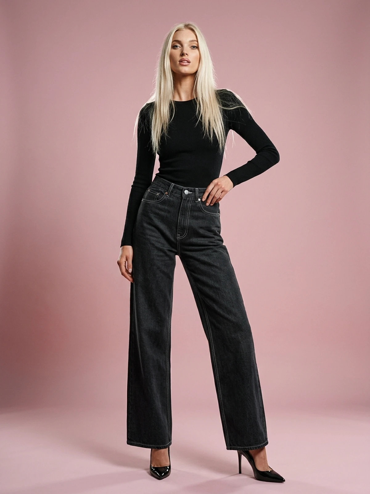 High Waist Slim Wide Leg Straight Denim Trousers - Black