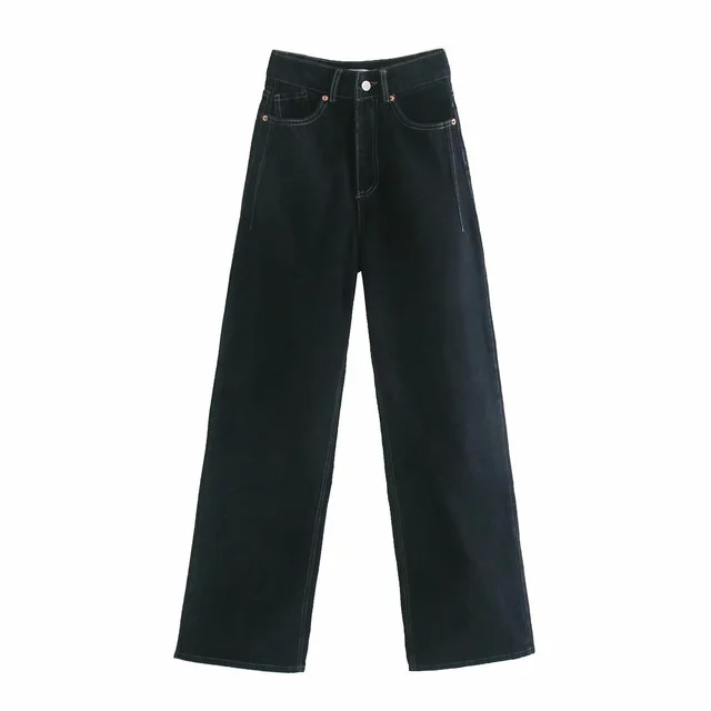 High Waist Slim Wide Leg Straight Denim Trousers Black - Shop at LoveMi
