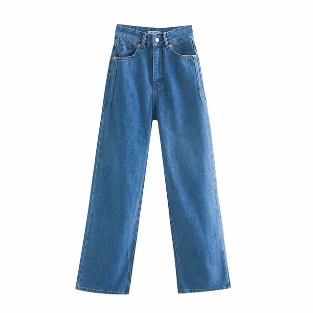 High Waist Slim Wide Leg Straight Denim Trousers Blue - Shop at LoveMi