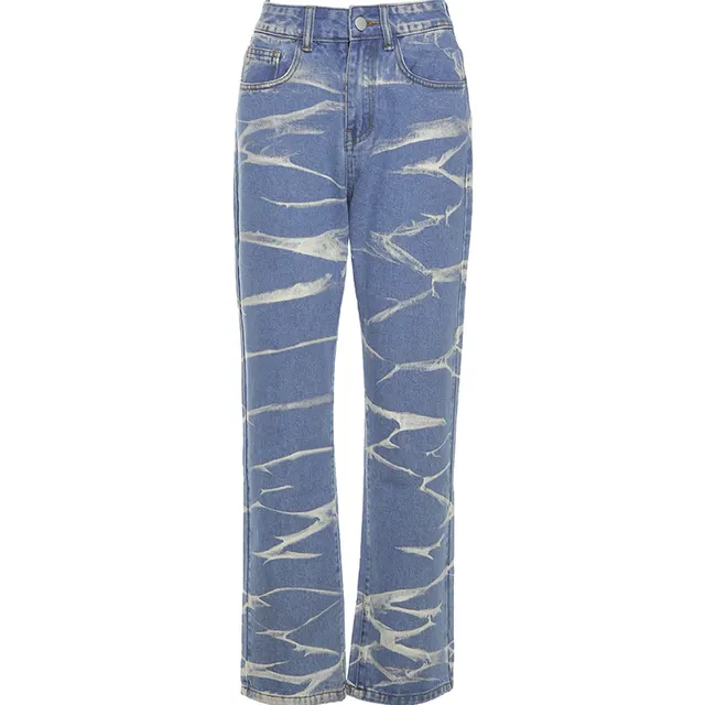 Wave Pattern Jeans Women's High waisted Straight leg Slimming Printed Washed Retro Casual Trouser Blue - Shop at LoveMi