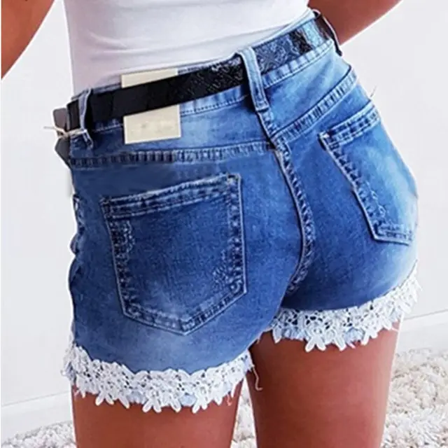 Loose Slim High Waisted Jeans Lace Shorts Dark Blue - Shop at LoveMi