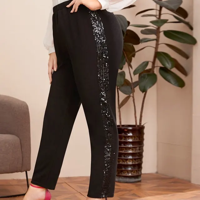 Women's Plus Size Cropped Trousers Side Sequined Slim Stretch Slacks Black - Shop at LoveMi