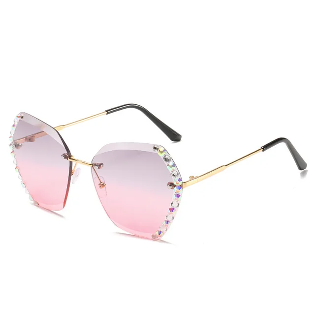 Rimless Sunglasses With Diamond Studded Polygonal Sunglasses Upper Dust And Lower Powder - Shop at LoveMi