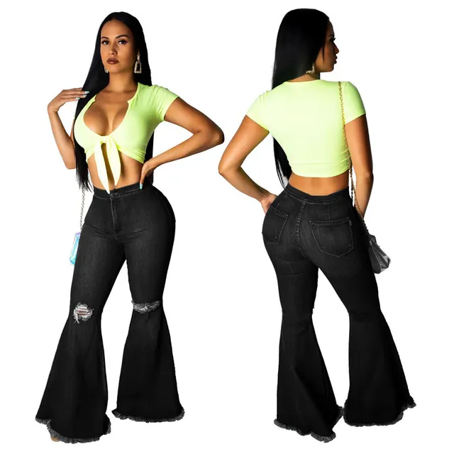 European And American Fashion All match Wide legged Knee Hole Raw Edge Trousers Black - Shop at LoveMi