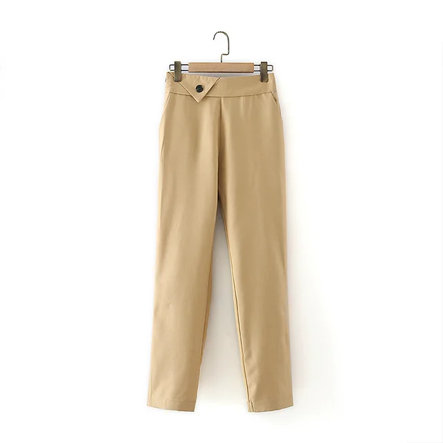 One button Back Elastic Straight leg Casual Pants Khaki - Shop at LoveMi