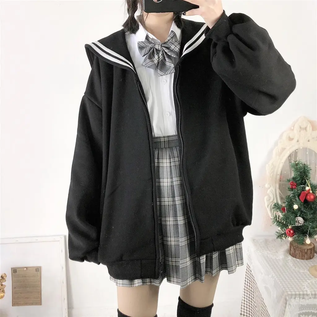 Oversized Sweatshirt Zip-Up Hoodie Sailor-Collar Japanese Streetwear Qweek Soft Girl - Black