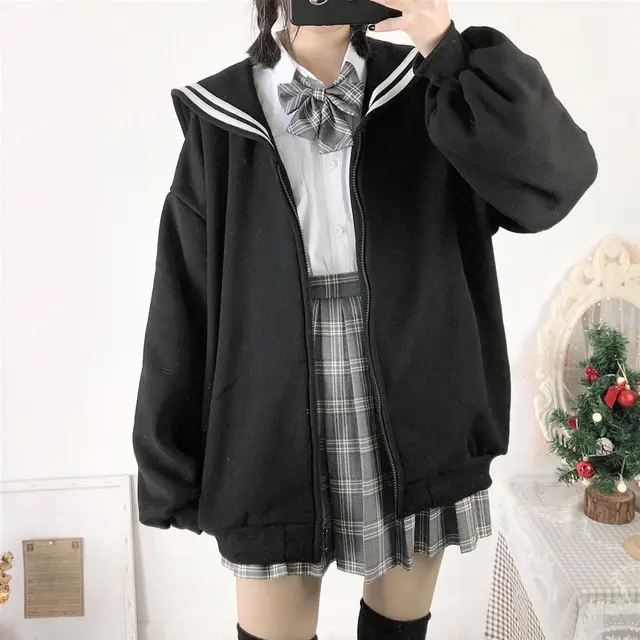 Oversized Sweatshirt Zip Up Hoodie Sailor Collar Japanese Streetwear Qweek Soft Girl Black - Shop at LoveMi