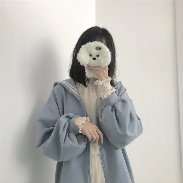 Oversized Sweatshirt Zip Up Hoodie Sailor Collar Japanese Streetwear Qweek Soft Girl Blue - Shop at LoveMi