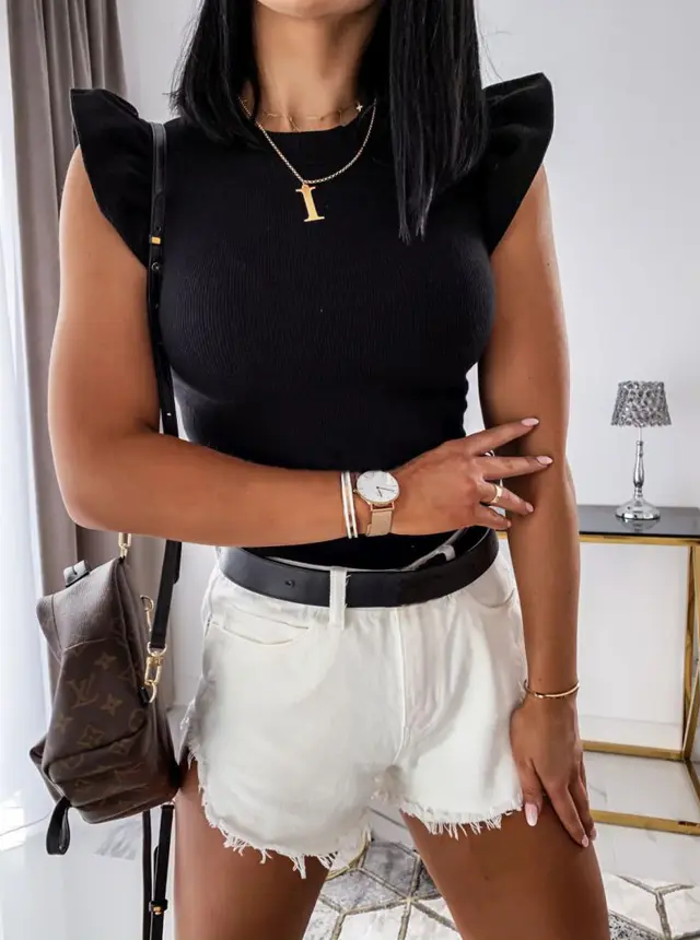 Ladies Fashion Solid Color Round Neck Short Sleeve Top Black - Shop at LoveMi