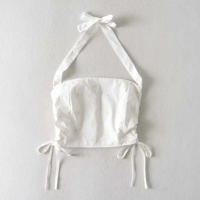 Summer New Style Halter Neck Halter Lace Double Drawstring Plaid Vest Women White - Shop at LoveMi