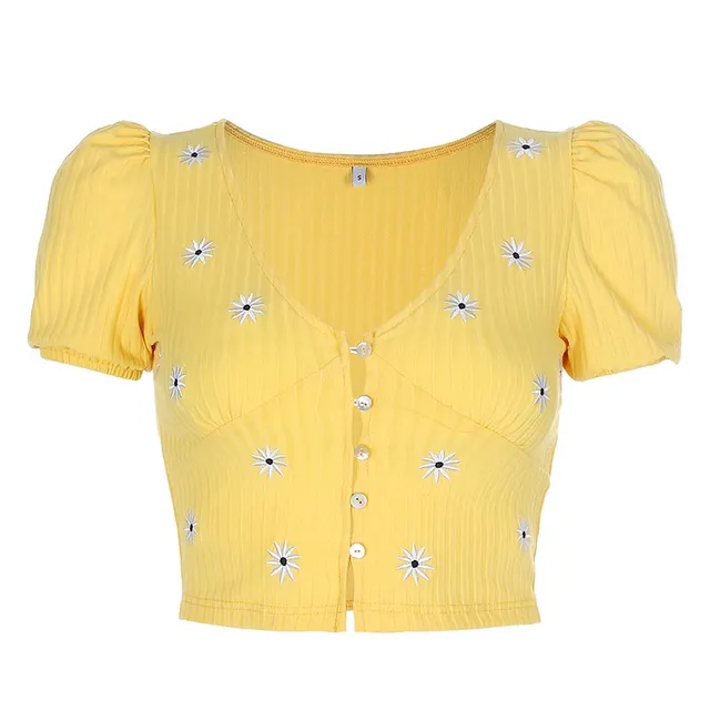 Women's Ins Net Red Super Love Small Flower Embroidery V Neck Button Slim top Yellow - Shop at LoveMi
