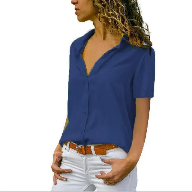 Solid Color Short Sleeved Lapel Blouse Women's Short Sleeved Blue - Shop at LoveMi