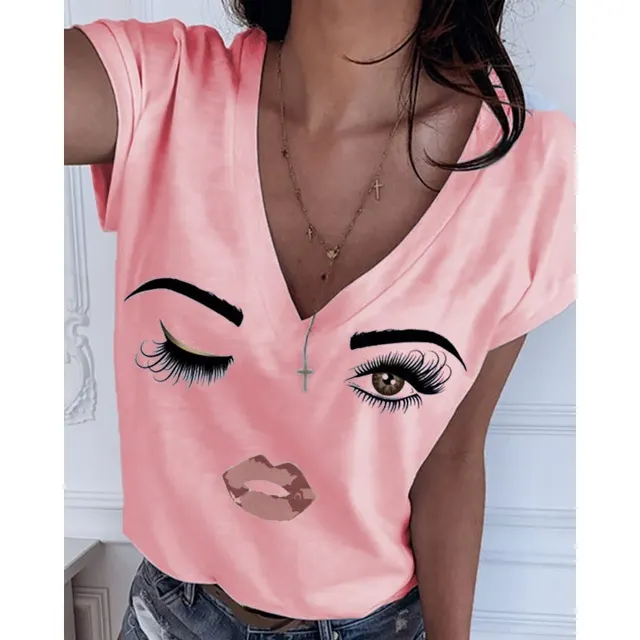 Cartoon Print Simple V Neck All Match Blouse Women Pink - Shop at LoveMi