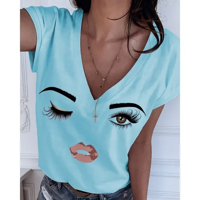 Cartoon Print Simple V Neck All Match Blouse Women Sky Blue - Shop at LoveMi