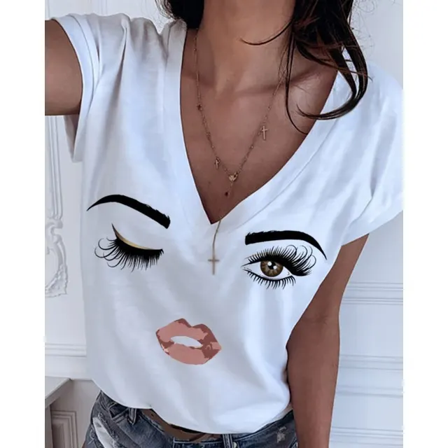 Cartoon Print Simple V Neck All Match Blouse Women White - Shop at LoveMi