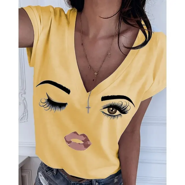 Cartoon Print Simple V Neck All Match Blouse Women Yellow - Shop at LoveMi