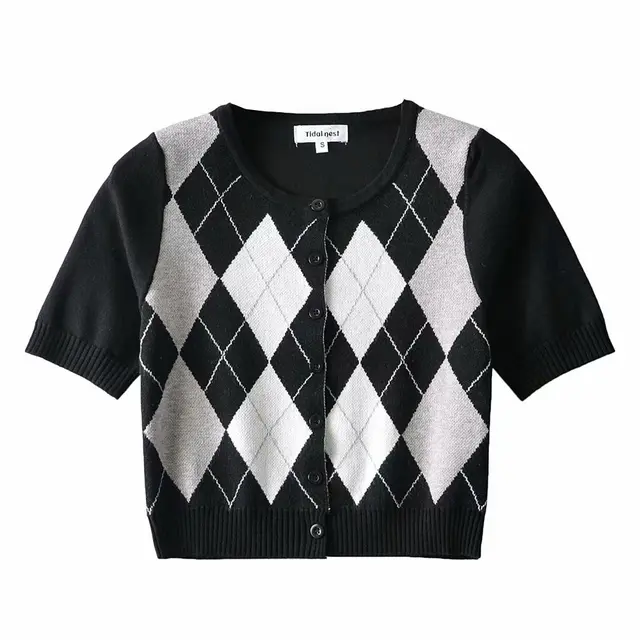 Wind Contrast Color Plaid Cardigan Short Sleeved T shirt Woman Black - Shop at LoveMi