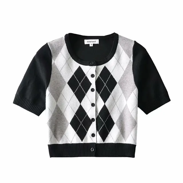 Wind Contrast Color Plaid Cardigan Short Sleeved T shirt Woman Gray - Shop at LoveMi