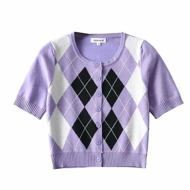 Wind Contrast Color Plaid Cardigan Short Sleeved T shirt Woman Purple - Shop at LoveMi
