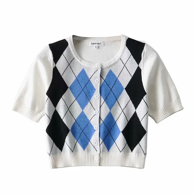 Wind Contrast Color Plaid Cardigan Short Sleeved T shirt Woman White - Shop at LoveMi